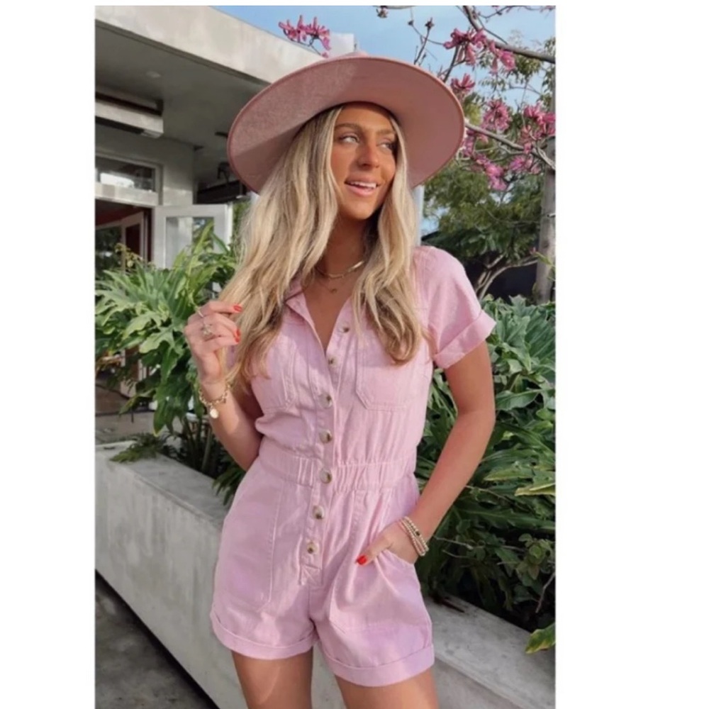 Show Me Your Mumu Cannon Denim Romper in Pink